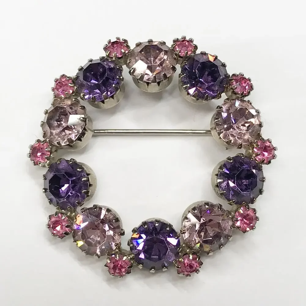 VTG Rhodium Plated Pastel Pink Purple Amethyst Brooch Rhinestones Silver Tone - Picture 8 of 12